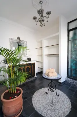 a room with a potted plant and a fireplace at La Voûte Étoilée in Marrakech