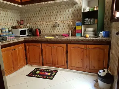 a kitchen with wooden cabinets and a kitchen rug on the floor at Zwina Appart, A Small, Cozy Family Nest in Marrakech