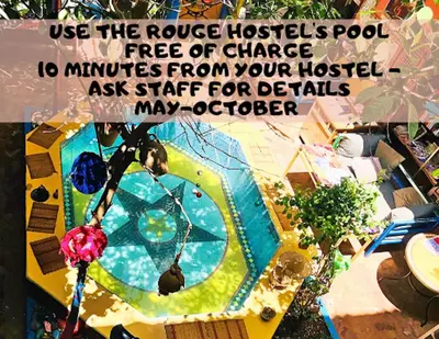 a picture of a pool with the words use the rosie householdpool free at Hostel Marrakech Rouge in Marrakech