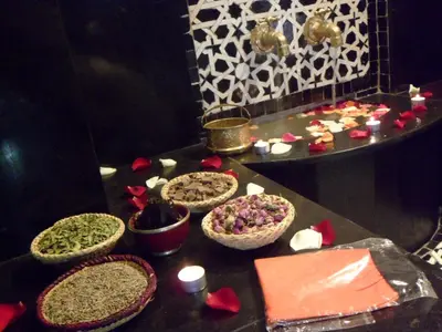 a table topped with lots of different types of food at Riad et Spa Misria Les Oliviers in Marrakech