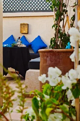a table with blue pillows and a table with white flowers at Riad Papillon by Marrakech Riad in Marrakech