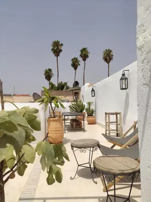 a patio with chairs and tables and palm trees at Riad Darsahalia in Marrakech