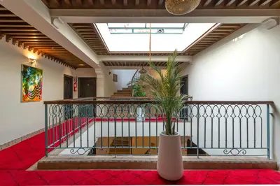 a room with a potted plant on a red carpet at Le Caspien Boutique Hotel in Marrakech
