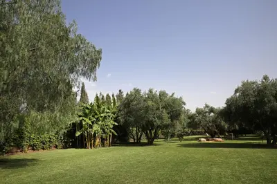 a field with trees and green grass with a sky at Villa LOULA in Marrakech