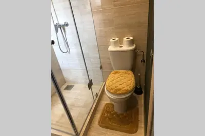 a bathroom with a toilet with a shower stall at Cosy Loft Emeraude Marrakech Prestigia Golf City in Marrakech