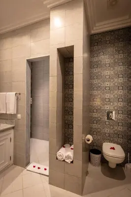 a bathroom with a shower with a toilet in it at Riad les remparts de la kasbah in Marrakech