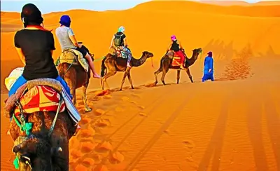 a group of people riding camels in the desert at Charmant Riad avec piscine, au Coeur de Marrakech in Marrakech