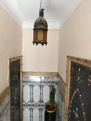aendant light hanging over a room with a potted plant at Hotel Zagora in Marrakech