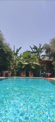 a large pool of blue water with trees in the background at Beldicolors in Marrakech