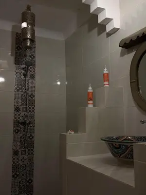 a bathroom with a shower and a sink and a tub at Riad Dar Chadia in Marrakech