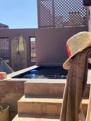 a pool of water with a blue frisbee in it at Riad Oscaroi in Marrakech
