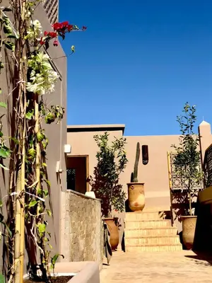 a courtyard with stairs and potted plants at Riad Oscaroi in Marrakech