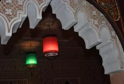 two red and green lights hanging from a ceiling at Hostel Essassi 23 in Marrakech