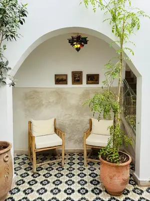 two chairs and a potted plant in a room at Riad Yu Yu in Marrakech