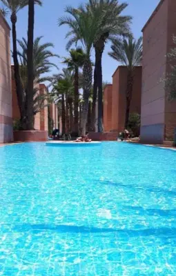 a large pool of blue water with palm trees at Riad Syrine in Marrakech