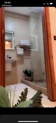 a bathroom with a mirror and a potted plant at Appartement de luxe et moderne in Marrakech