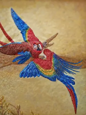 two colorful birds are flying together at Riad Jnane d'Ô in Marrakech