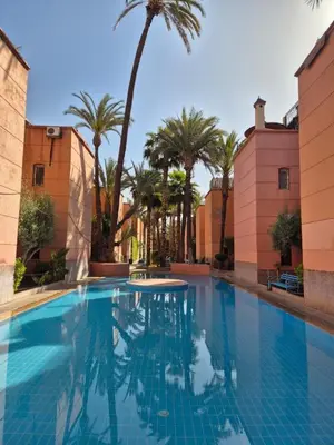 a swimming pool with palm trees in the background at Riad Lyna in Marrakech