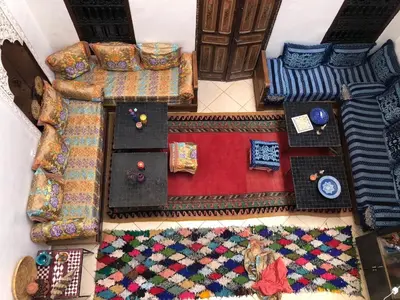 an overhead view of a room with a bed and pillows at Hostel Kech Vibe in Marrakech