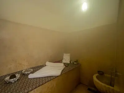 a bathroom with a sink and towels on a counter at MAISON SOLANEOS in Marrakech