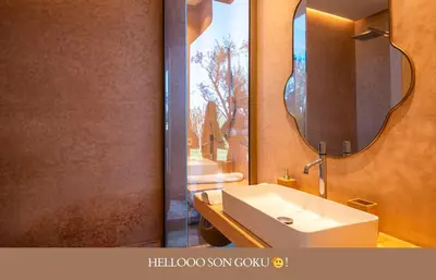 a bathroom with a sink and a mirror at Villa Zen'O Palmeraie - Hot Pool in Marrakech
