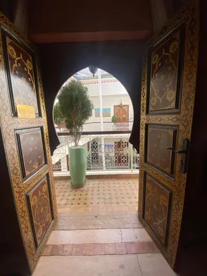 an open door to a balcony with a potted plant at Riad Dar Teranga Hotel & Spa in Marrakech