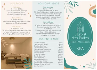 a brochure for a restaurant with a price list at Riad l'Esprit des Patios & Spa in Marrakech