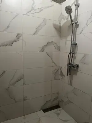 a bathroom with a shower with a microphone in it at Appartement dans résidence avec piscine in Marrakech