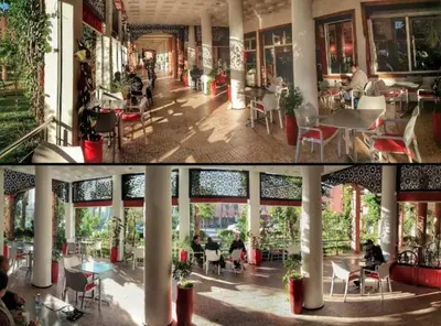two pictures of a building with people sitting at tables at Riad Jasmine in Marrakech