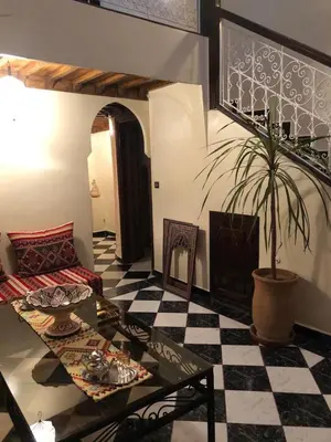 a living room with a table and a potted plant at Riad Jasmine in Marrakech