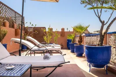 a cat sleeping on avisorvisor on a patio at Riad Sheba in Marrakech