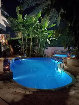 a large swimming pool at night with plants at Riad Mazal in Marrakech