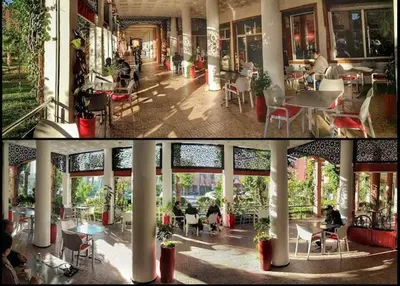 two pictures of a building with tables and chairs at Riad Al Nakhil in Marrakech