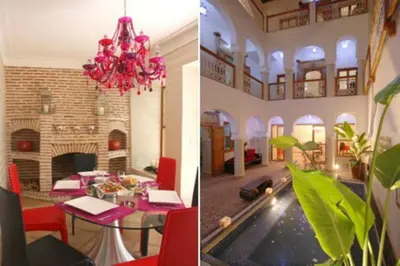 a living room with a table and a fireplace at Riad Chalymar in Marrakech