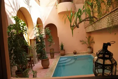 a swimming pool in a building with plants at Riad Azenzer in Marrakech