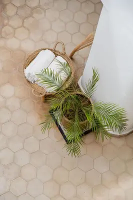 a rattan basket with a palm plant next to a table at Riad 27 & SPA entièrement privatisé in Marrakech