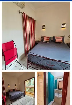 two pictures of a bedroom with a bed and a chair at Riad Latifa in Marrakech