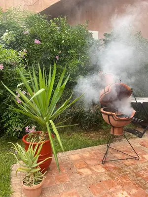 a grill with smoke in a yard with plants at Atlas golf resort in Marrakech